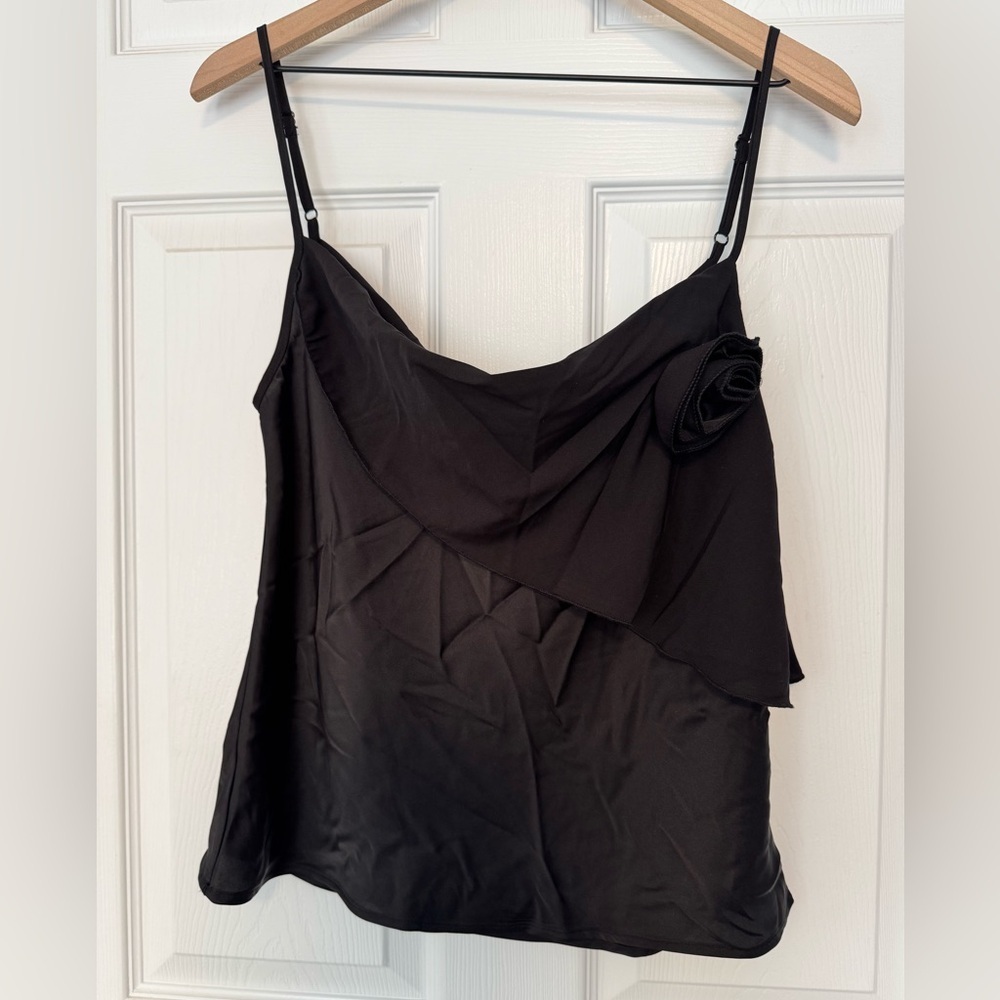 Know One Cares‎ Asymmetric Rosette Camisole in black Satin Nordstroms NWT size S
